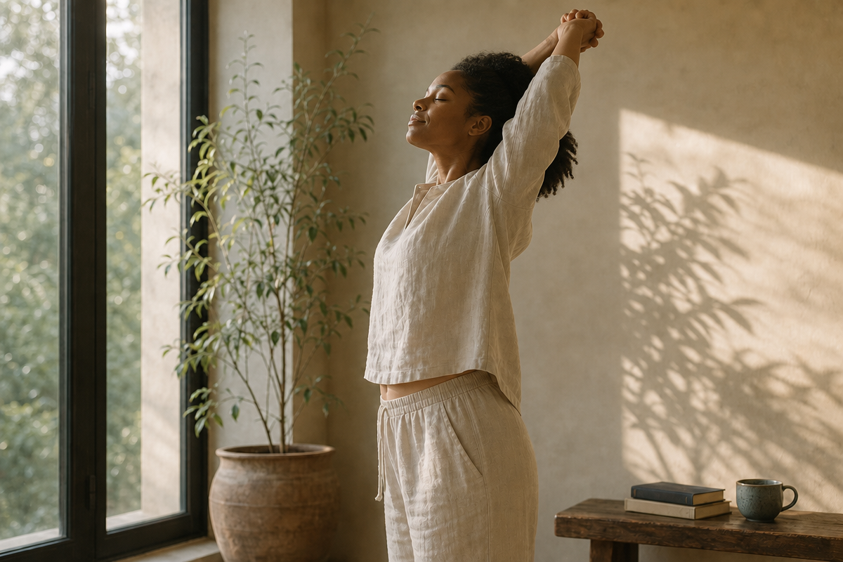 An adult in linen clothing stretching slowly beside a sunlit window