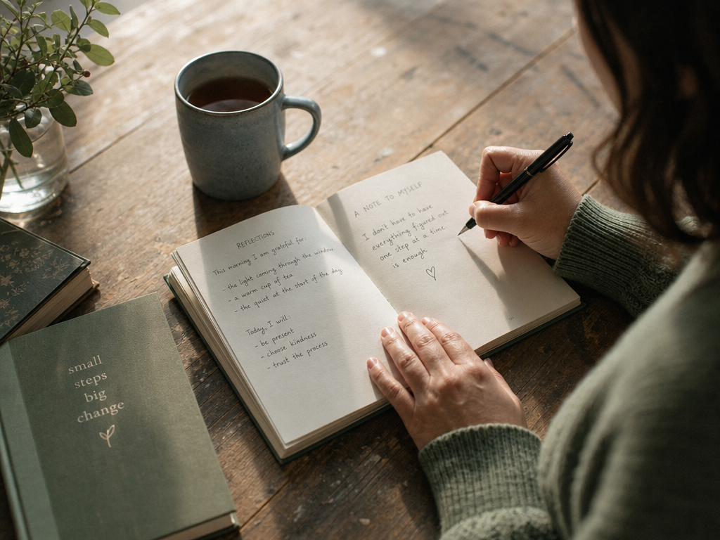 An adult writing in a journal beside a cup of tea in morning light