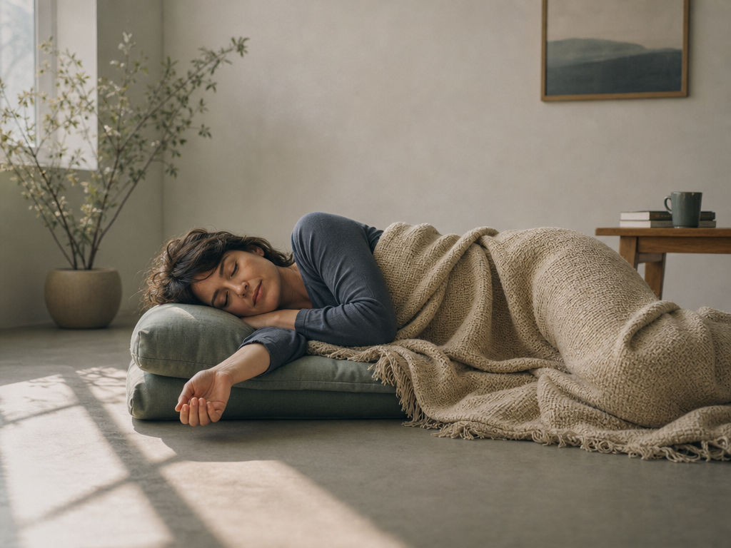 An adult resting under a sand-colored knit blanket in soft window light