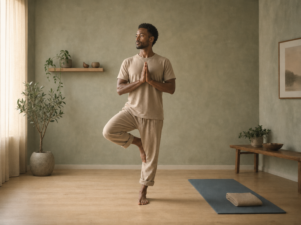 An adult practicing a slow standing balance on one leg in a quiet room