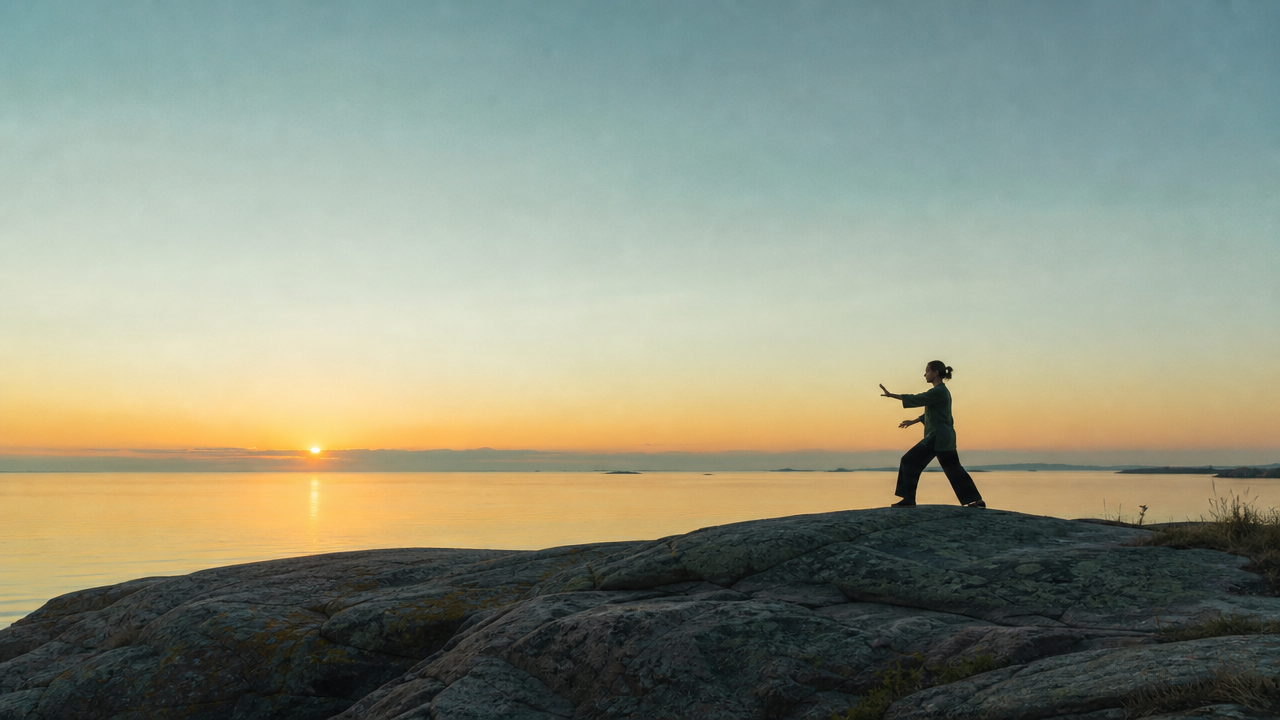 An adult in a slow standing movement pose on a rocky shore at sunrise over still water