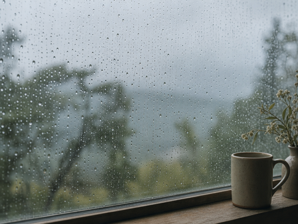 Rain droplets on a window with soft green foliage beyond